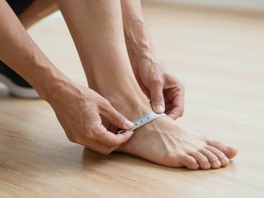 Close-up of a coach's hands precisely measuring a client's ankle dorsiflexion and joint alignment on a clean, light-colored wooden floor.