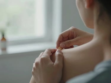 Close-up of hands adjusting a client's shoulder alignment, soft natural window light, clinical precision.