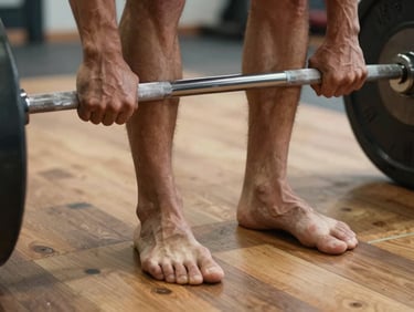 Close-up of feet gripping the wooden floor during a heavy lift, dramatic side-lighting highlighting muscular tension and biomechanical stability.