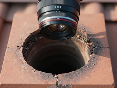 Extreme close-up of a chimney flue opening viewed from above on a rooftop in daylight, camera lens looking straight down into the dark shaft, mortar joints visible around the clay tile liner, natural ambient light