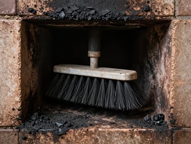 Close-up of a chimney sweep brush inside a dark flue, heavy black creosote deposits coating the surrounding clay tile visible under work-site ambient light, no people, evidence-focused framing