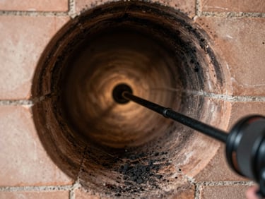 Extreme close-up of a chimney flue interior photographed with a camera probe, showing the tile liner surface in ambient work-site light, soot and creosote deposits visible on the clay tile walls, no people