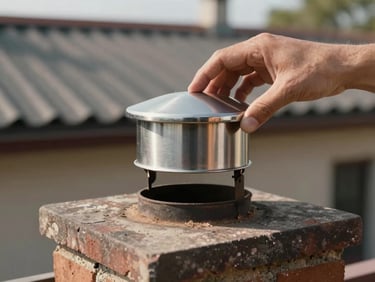 Hands installing a stainless steel chimney cap on top of a masonry flue in daylight, the cap being positioned over the open flue tile, roofline visible in the background, natural ambient light, no people posing