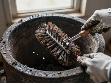 Close-up of a gloved hand holding a wire chimney brush inside a dark flue, loose creosote flakes dislodged and visible mid-air, natural daylight entering from above, documentary work-site framing