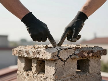 Hands in work gloves pointing at cracked mortar joint on a chimney crown in natural daylight, the damaged masonry clearly visible at close range, roofline context in soft background, no studio lighting