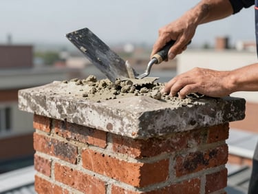 Hands-at-work shot of a technician pointing deteriorated mortar joints on a brick chimney crown in daylight, trowel in hand, crumbling mortar detail visible in sharp focus, rooftop environment