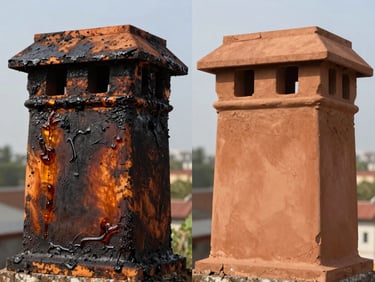 Split-frame before-and-after of the same chimney flue section: left half showing thick glazed creosote coating the clay tile in dark amber and black, right half showing the same tile section after cleaning — clean terracotta surface visible — shot in natural ambient light with a camera probe, no people
