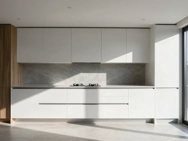 Modern kitchen remodel showing clean lines, high-contrast shadows, and natural light, architectural photography