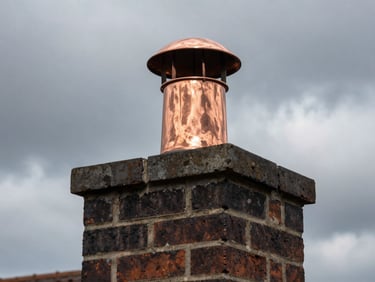 A copper chimney cap installed on a newly tuckpointed dark brick chimney, shot from a low angle against a dramatic overcast sky, emphasizing the clean mortar joints and raw masonry texture.