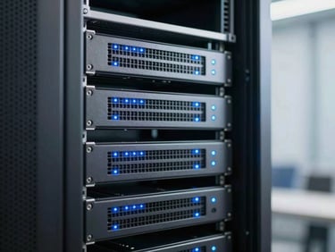 Clean modern server room rack with blinking blue LED lights, soft daylight, sharp focus on technical precision, no people