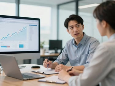 Professional discussing tax strategy with a client in a modern office, showing a financial chart on a screen, bright natural office light, cool corporate tones with warm wood accents, shallow depth of field, 35mm lens.