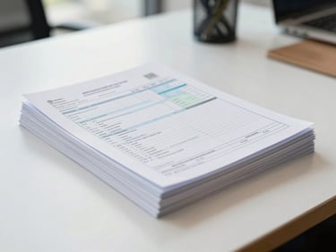 Organized stack of Indian Income Tax return forms and digital invoices on a minimalist desk, bright natural office light, cool corporate tones with warm wood accents, shallow depth of field, 35mm lens.