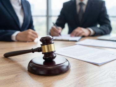 Legal documents and a gavel on a polished wooden table, with a blurred legal expert in the background, bright natural office light, cool corporate tones with warm wood accents, shallow depth of field, 35mm lens.