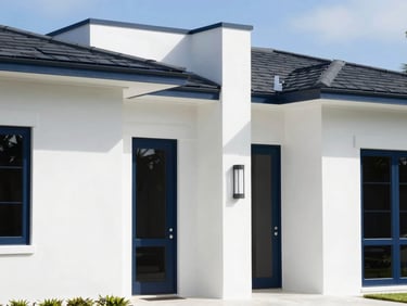 A modern Boca Raton estate exterior with crisp white painted walls and deep navy trim, captured in bright midday coastal daylight.