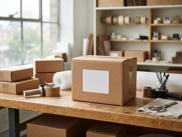 Eye-level medium shot of a neatly organized shipping station, cardboard boxes with clean labels, bright natural daylight streaming from a window, sharp focus on cardboard texture, 50mm lens