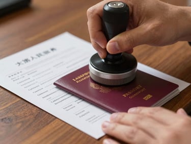 Close-up of hands stamping a passport on a wooden desk, Lao immigration document partially visible, warm indoor light, document texture in focus
