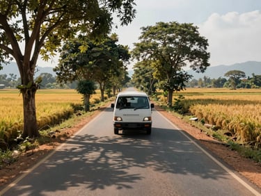Open road through Laotian countryside, rice fields stretching to the horizon on both sides, a white van driving away from camera, midday dappled light filtering through roadside trees