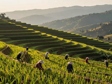 Wide shot of terraced rice paddies in rural Laos, farmers in conical hats working in the foreground, golden afternoon light casting long shadows across the stepped green fields, hazy mountains in the distance