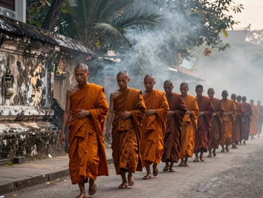 Buddhist monks in saffron robes walking in single file along a misty Luang Prabang street at dawn during the alms-giving ceremony, incense smoke drifting through dappled temple light, stone temple wall to the left