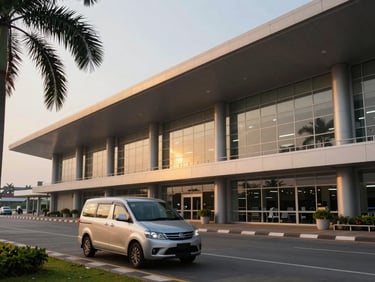 Vientiane Wattay Airport departure hall exterior at early morning, soft golden light on the facade, a silver minivan parked at the curb, palm trees framing the left edge