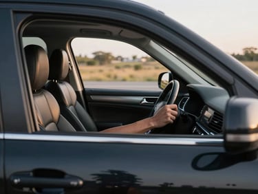 Interior of a clean black SUV, leather seats visible, driver's hands resting on the steering wheel, warm afternoon light entering through tinted side windows, road ahead slightly blurred