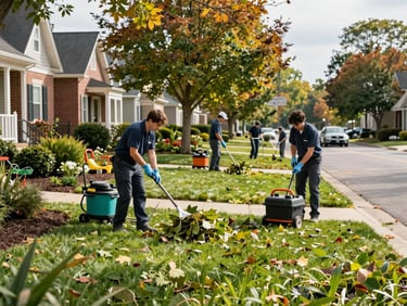 Team members in clean uniforms performing leaf removal with professional equipment in a well-kept Columbus neighborhood, crisp autumn light.