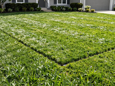 Freshly mowed lawn with immaculate edges in a high-end Columbus residential property, bright morning light, crisp focus.