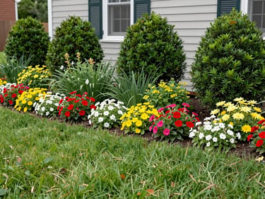 Lush, well-maintained garden bed with vibrant seasonal flowers and neatly pruned shrubs in a Columbus home, clean daylight.