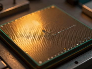 Macro photography of a silicon wafer wafer-scale integration pattern, laser-sharp focus, illuminated by cleanroom amber light
