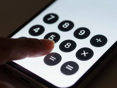 Macro shot of a thumb tapping a physical-looking button on a mobile screen, displaying a minimalist, high-contrast calculator layout.