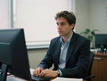 Candid documentary film photograph of a male psychologist in a thoughtful office setting, soft natural overcast daylight, muted navy and sage tones, 35mm portraiture