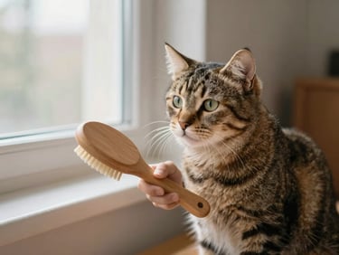 A fluffy tabby cat being gently brushed with a wooden pet brush, soft window light, cozy domestic setting