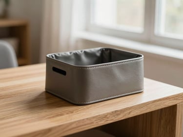 Close-up of a stylish leather waste bag dispenser resting on a light oak entryway table, soft natural light, shallow depth of field