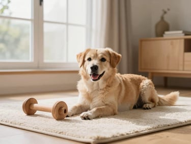 A happy dog resting next to a minimalist wooden pet toy on a soft cream rug, warm daylight
