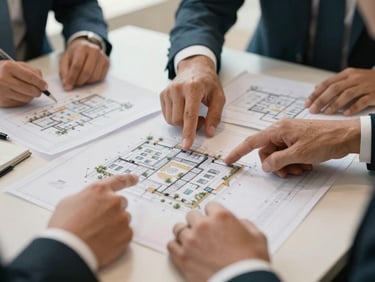 Close-up of a strategic planning session, hands pointing at architectural blueprints of a luxury resort, warm daylight, professional corporate setting, 35mm.
