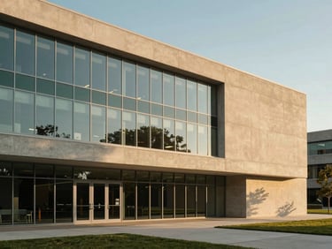 Architectural shot of a modern business school campus, concrete and glass facade, warm sand-toned walls, soft daylight, professional corporate setting, 35mm.