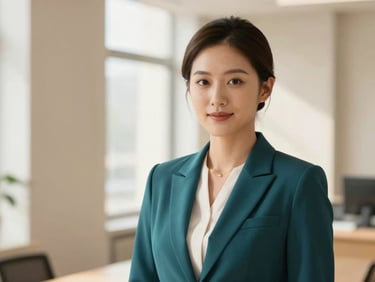 Professional portrait of a female hospitality executive in a dark teal blazer, bright natural light, professional setting, 35mm