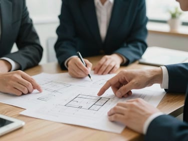 Close-up of a strategic planning session with hands reviewing architectural plans on a wooden table, soft natural light, 35mm