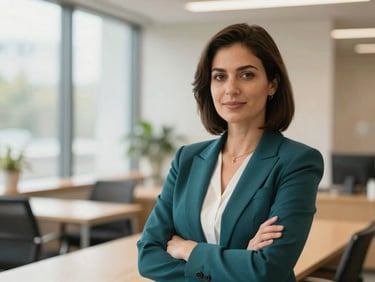 Environmental portrait of a confident faculty member in a modern corporate setting, soft natural lighting, professional atmosphere, 35mm.