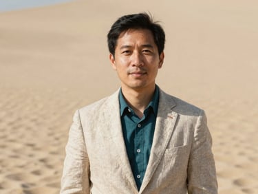 Professional portrait of a male business school professor in a light linen blazer, warm natural daylight, soft sand background, 35mm