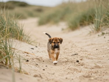 A small puppy walking calmly next to its owner on a sandy path in the Dutch dunes, soft natural daylight, warm earthy colors, shallow depth of field