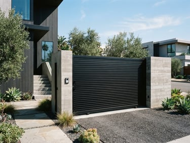 Architectural photography of a modern minimalist automatic black steel gate on a concrete residential facade, bright daylight, crisp metallic lines, 35mm lens