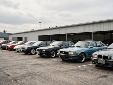 Wide shot of a curated row of classic and modified cars parked in a quiet industrial lot, overcast natural light, no people visible, clean pavement