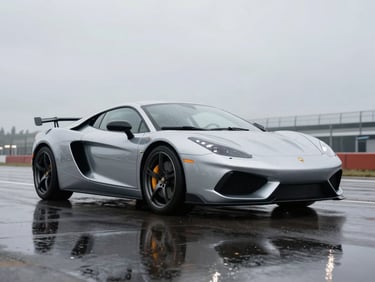 Low-angle shot of a silver European sports car on a wet pit lane, studio-clean lighting, reflections on the tarmac, no background clutter