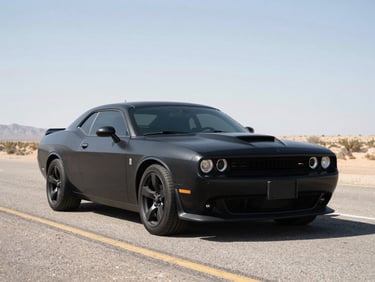 Three-quarter front view of a matte black muscle car parked on an empty stretch of desert highway, bright natural daylight, low horizon, clean sky