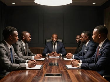 A group of sharp African diaspora men in tailored suits talking in a prestigious obsidian-toned boardroom, dramatic high-contrast studio lighting.