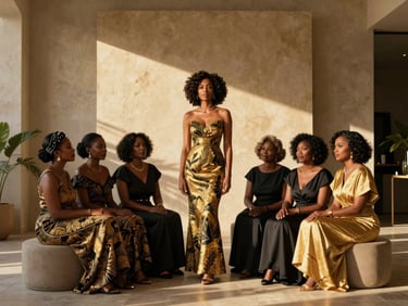 A warm, high-end gathering of elegant African diaspora mothers in a sunlit architectural space, golden hour highlights, premium editorial style.