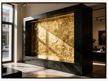 Bespoke architectural detail of a luxurious modern African design showroom, golden sunlight streaming through high windows, dramatic shadows, medium format film.