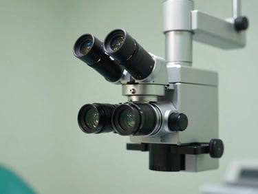 Extreme close-up of a high-end clinical dental microscope in a serene, softly lit treatment room, clean sage-green background, precise metallic arm.
