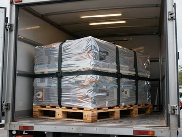 Wide shot of secured cargo pallets wrapped and strapped inside a modern freight truck interior, load management straps visible, industrial overhead lighting, emphasizing methodical cargo protection